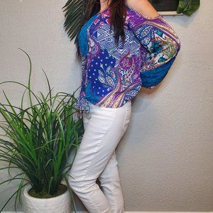 Chico's I Cold Shoulder semi sheer blue/purple paisley button/tie blouse…